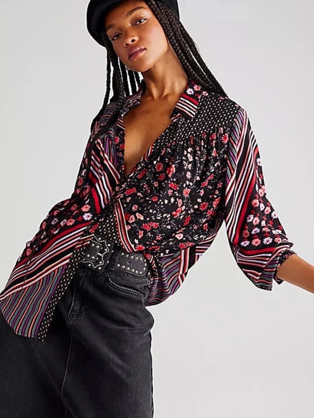 Free People NWT Hazel Floral Button Down Boho Witchy Patchwork Oversized XS
